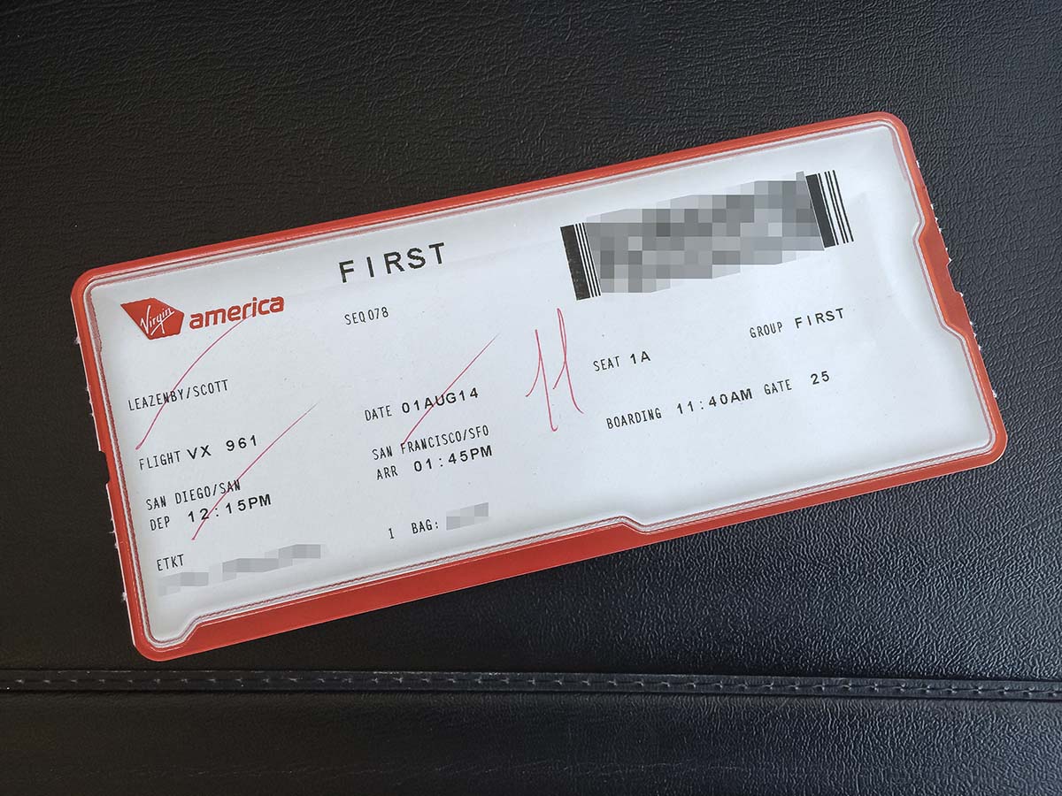Virgin america first class boarding pass San Diego to San Francisco