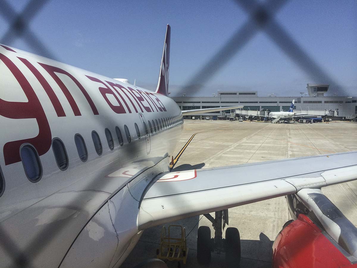 Up close view of a Virgin America A319 parked at the San Diego airport