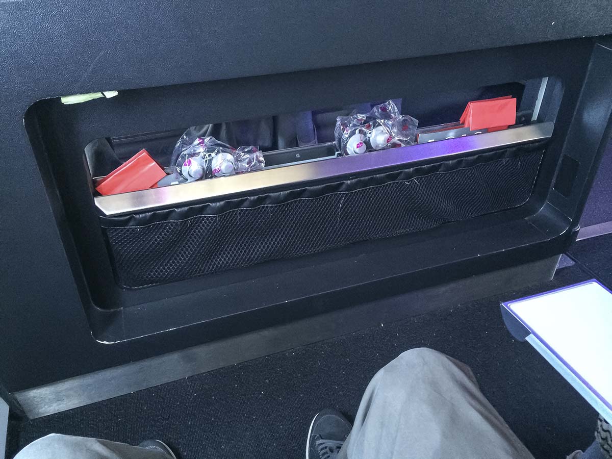 Virgin America A319 first class bulkhead row storage bin