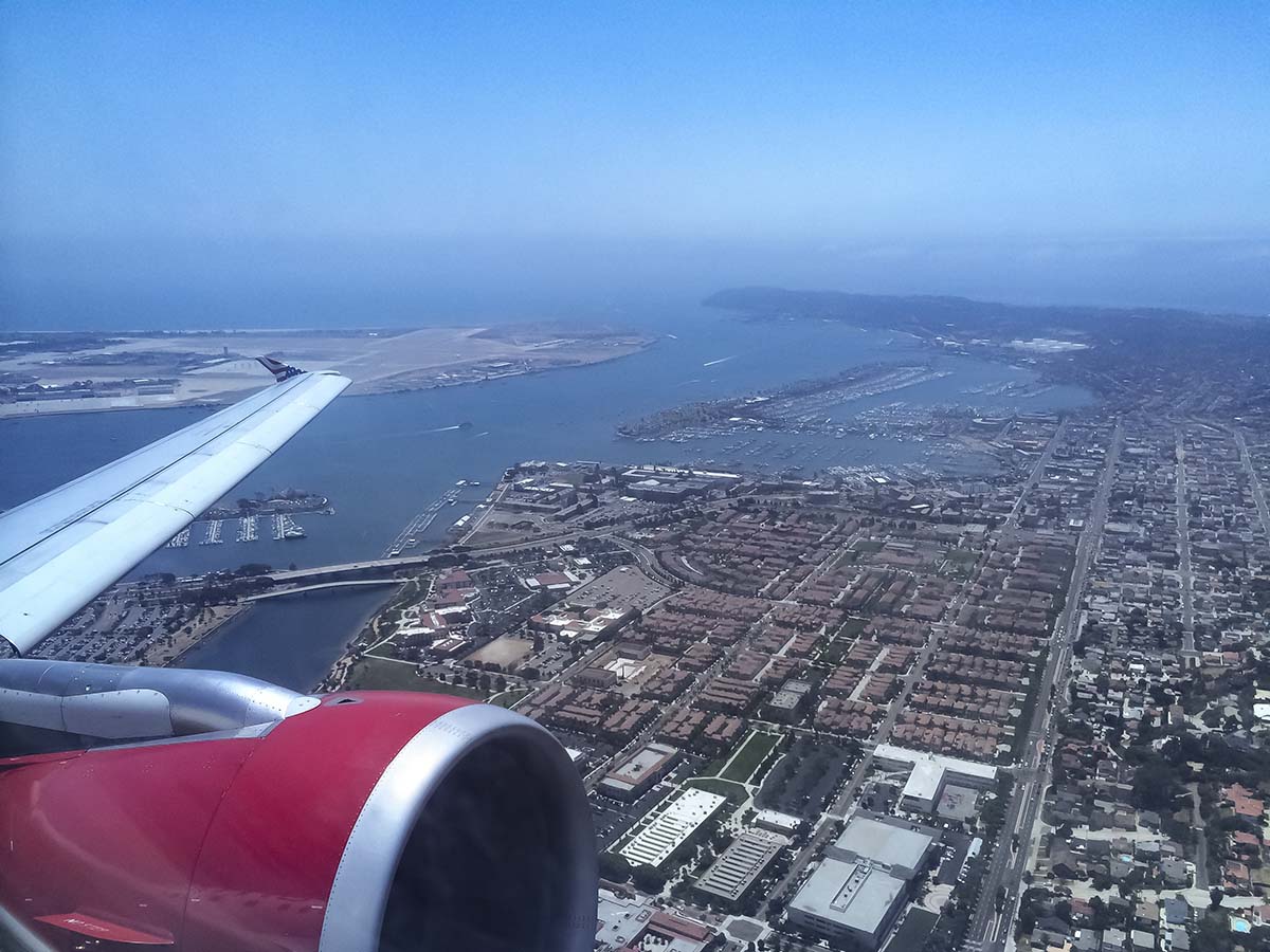 View of shelter Island while taking off in a Virgin America A319 from SAN in 2014