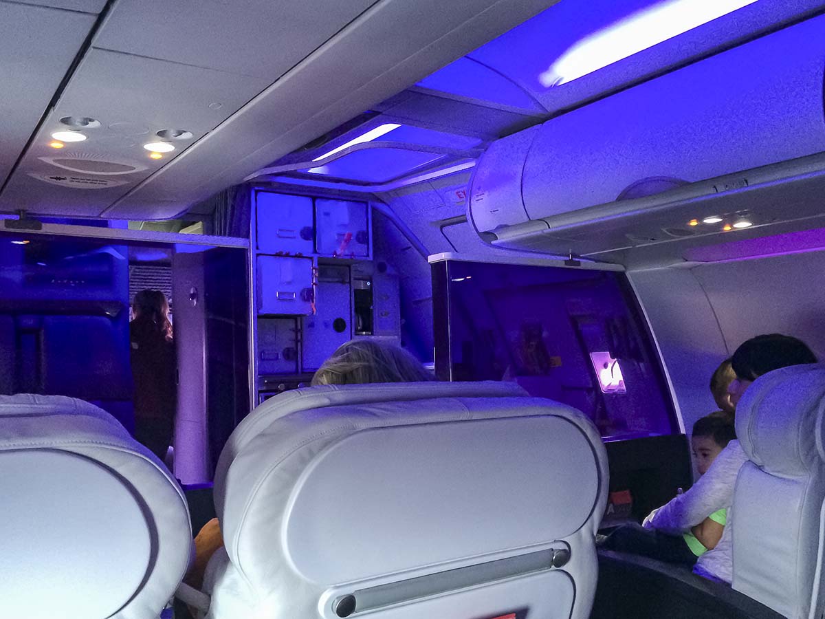 View looking forward towards bulkhead wall Virgin America A319 first class