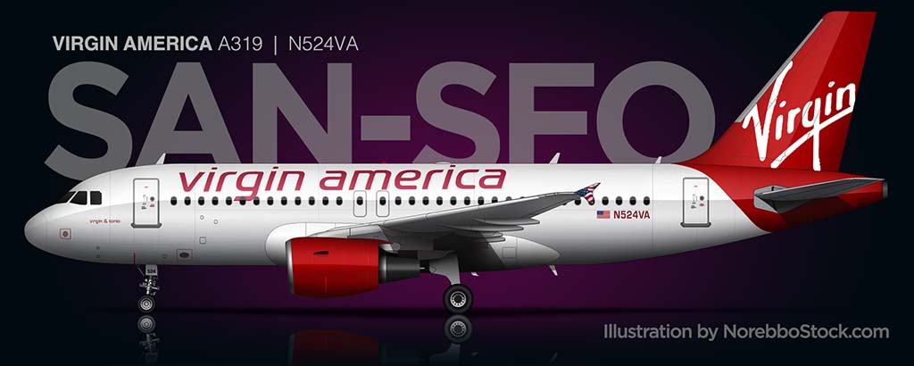Virgin America A319 side view illustration by norebbostock.com