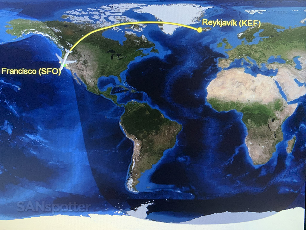 In-flight map showing the moments before arrival on a flight from Reykjavík to San Francisco