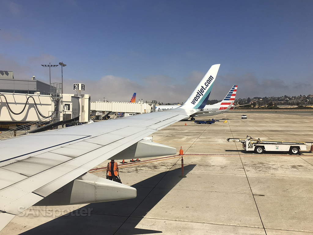 WestJet 737-700 pulling up to gate 34 at Terminal 2 East at the San Diego airport in 2016