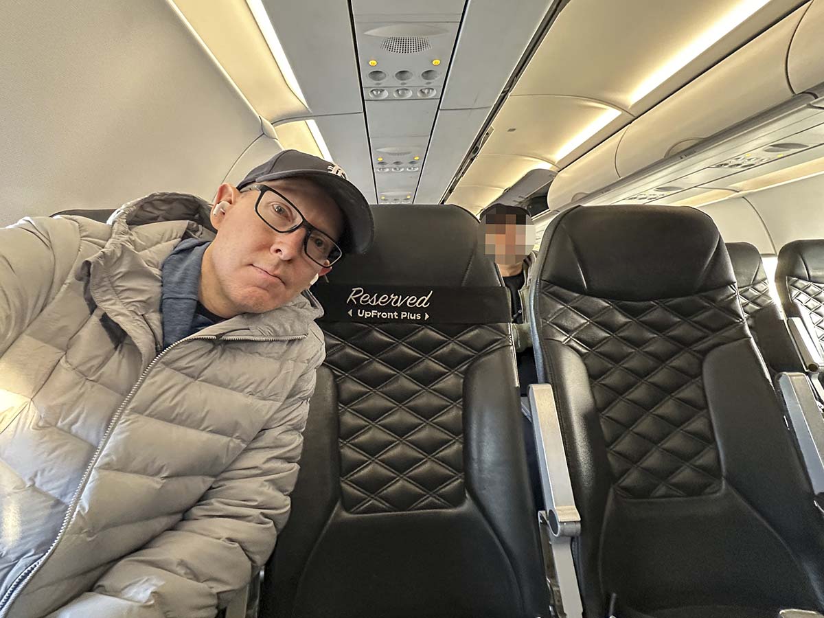 Scott sitting in seat 2F Frontier Airlines A321 UpFront Plus 