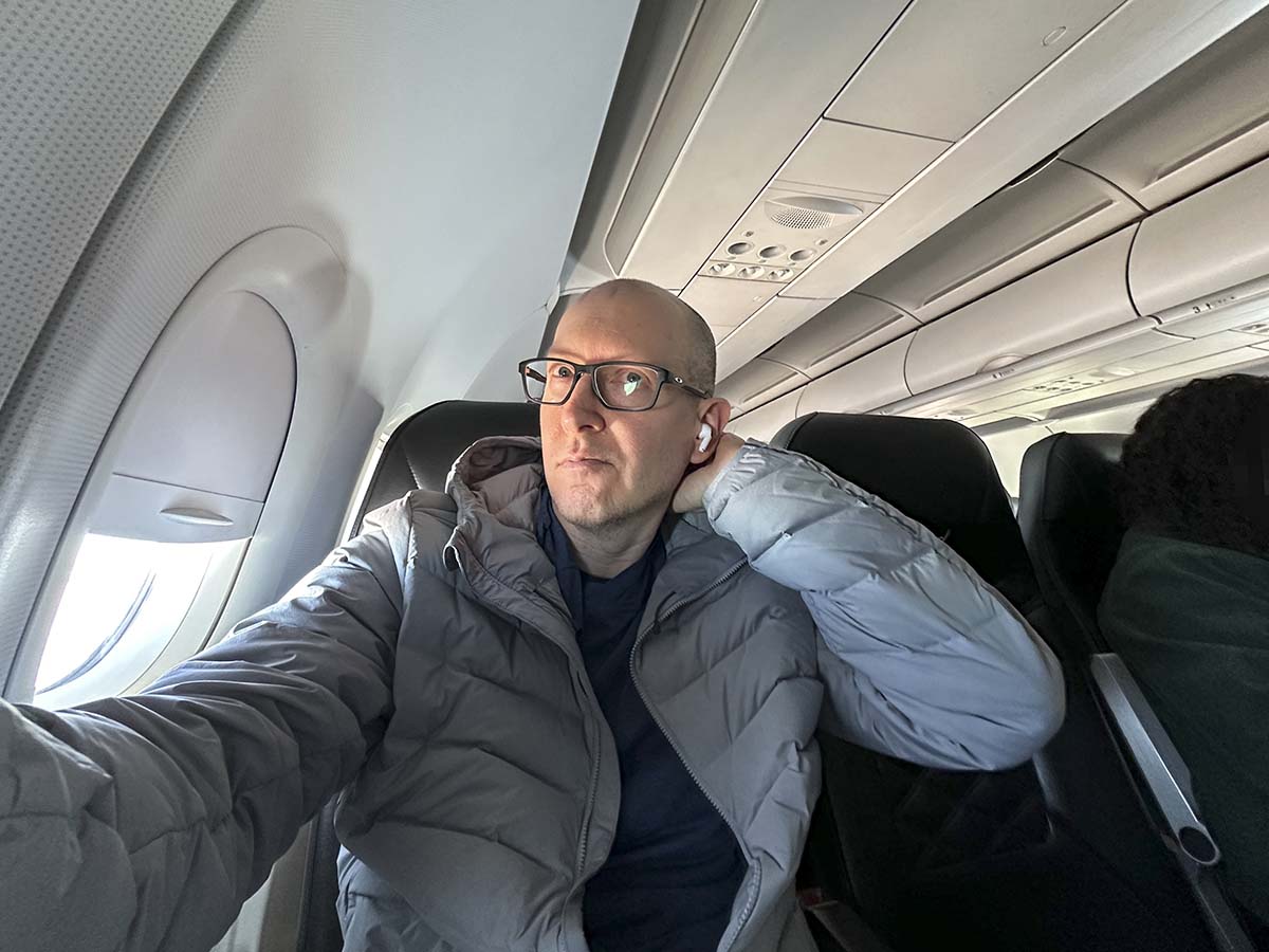 Scott testing out the headrests in Frontier Airlines A321 UpFront Plus