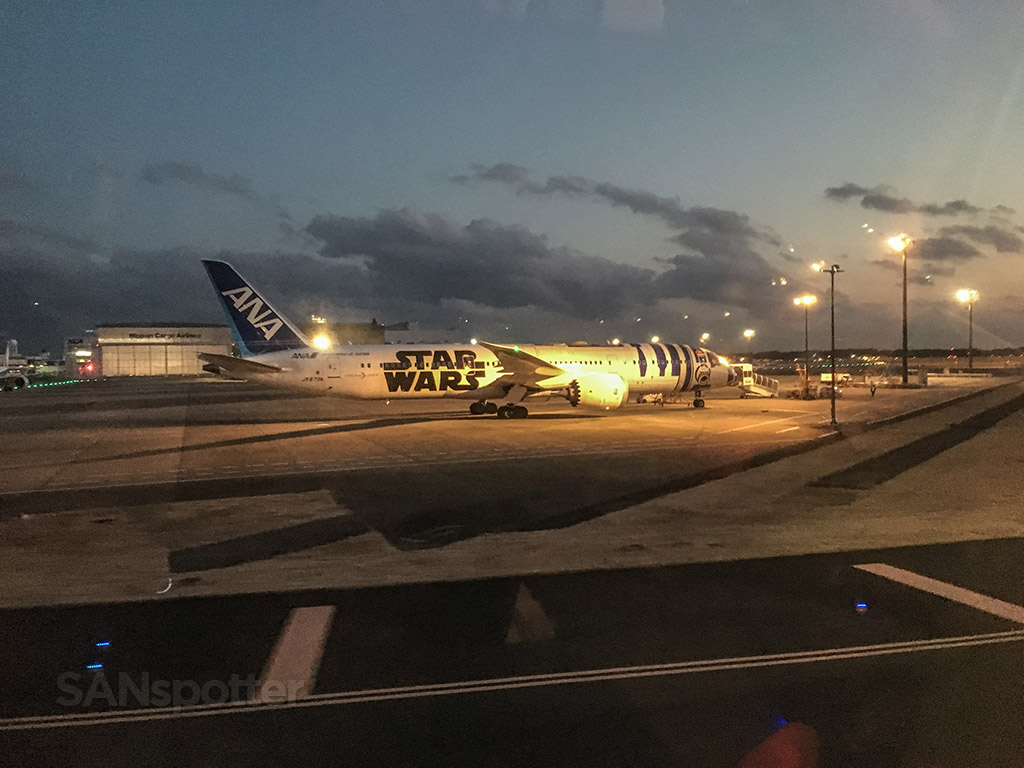 Taxiing past the ANA Boeing 787 wearing the Star Wars livery at Narita airport