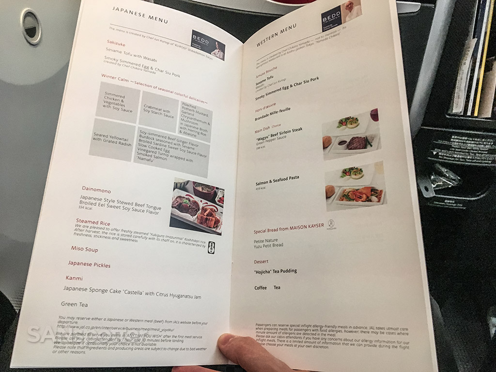 Japanese and western meal options in Japan Airlines 787-8 Shell Flat Neo business class 2018